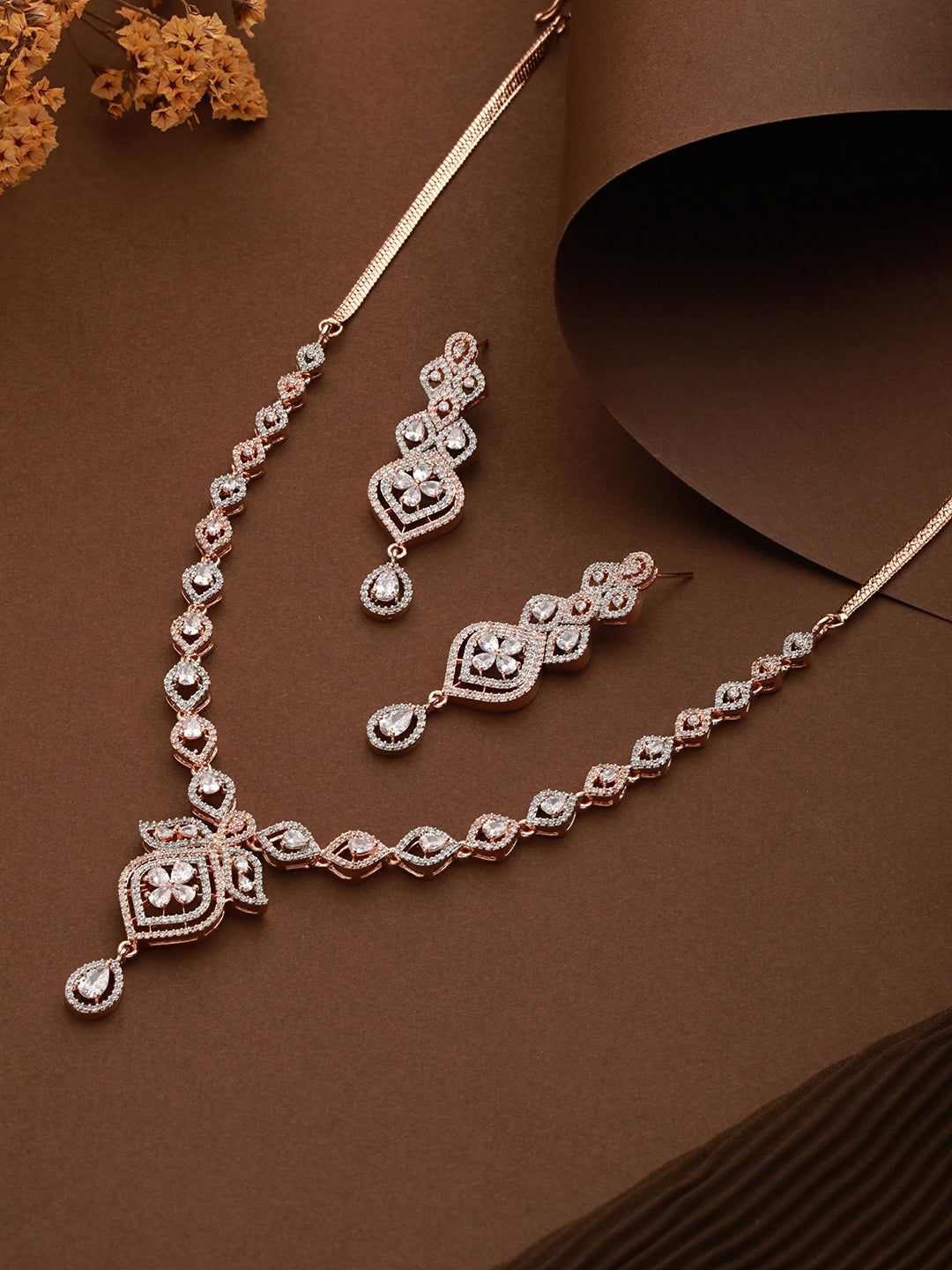 Rose Gold plated Contemporary AD studded Necklace Earrings